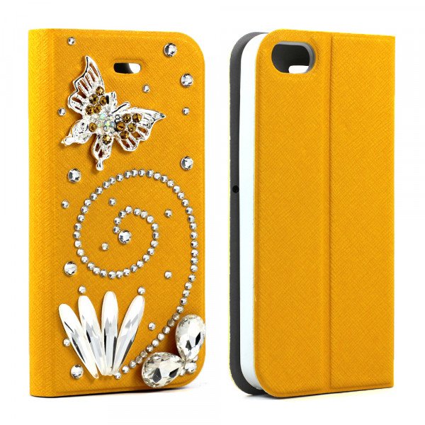 Wholesale Apple iPhone 5/5S Crystal Diamond Flip Wallet Case (Yellow)